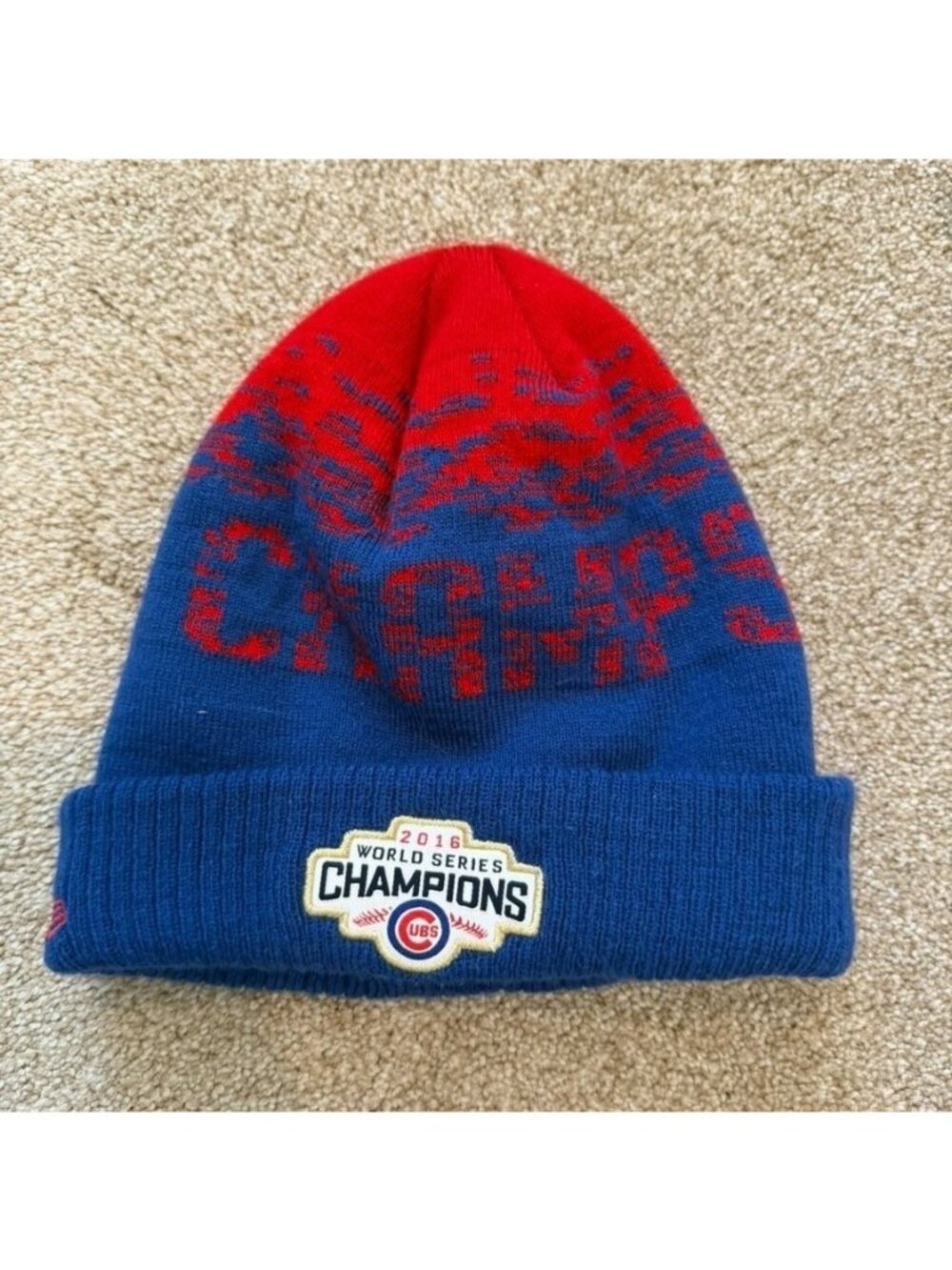 New Era MLB Chicago Cubs 2016 World Series Champions Knit Beanie Red Blue Pom